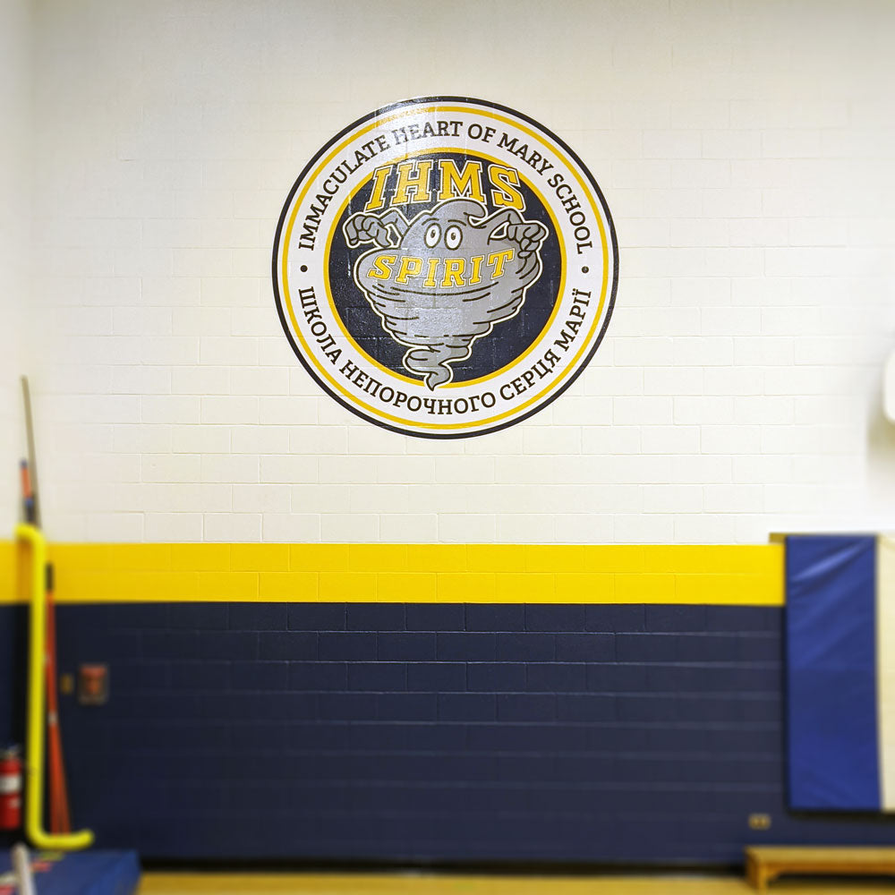 school wall logo, school logo install, school logo decal install, school sport team logo design, custom wall decals, wall murals, removable wall decals, permanent wall decals, wall decals Winnipeg, wall decals Manitoba, wall decals fast